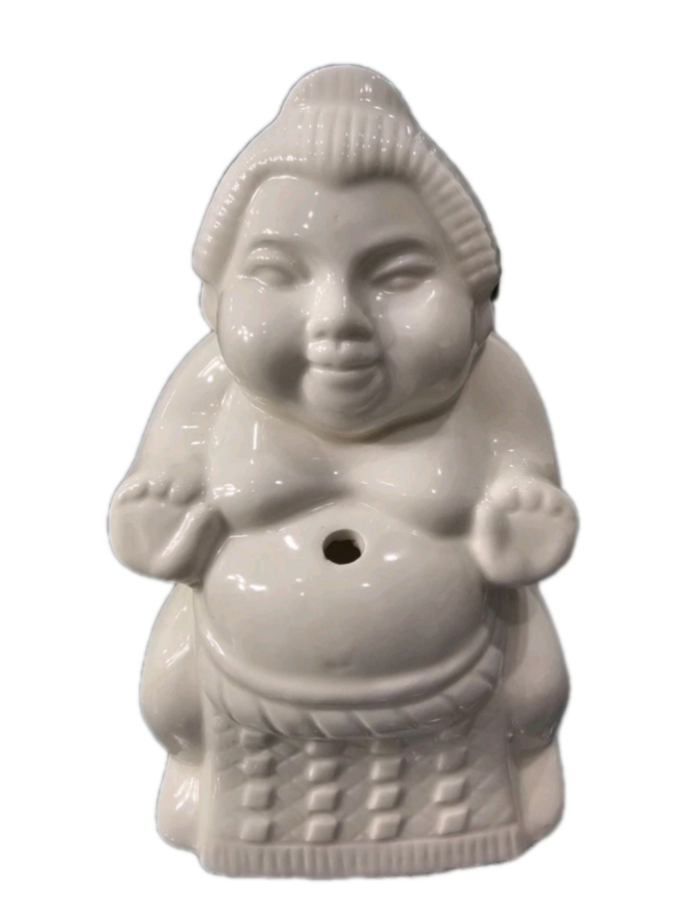 Vintage Ceramic BUDDHA Tiki Hands Out White w Hole for Straw or Incense
